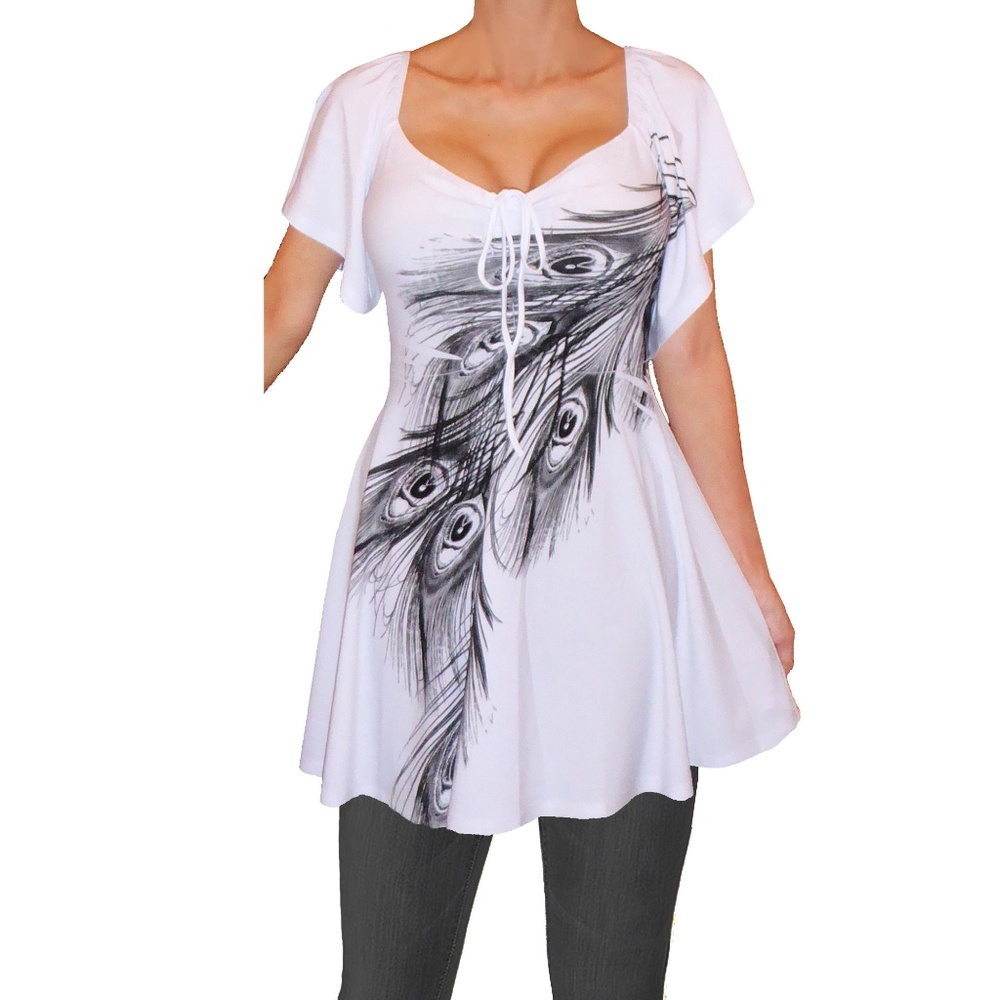 Funfash Plus Size Empire Waist White Peacock Top